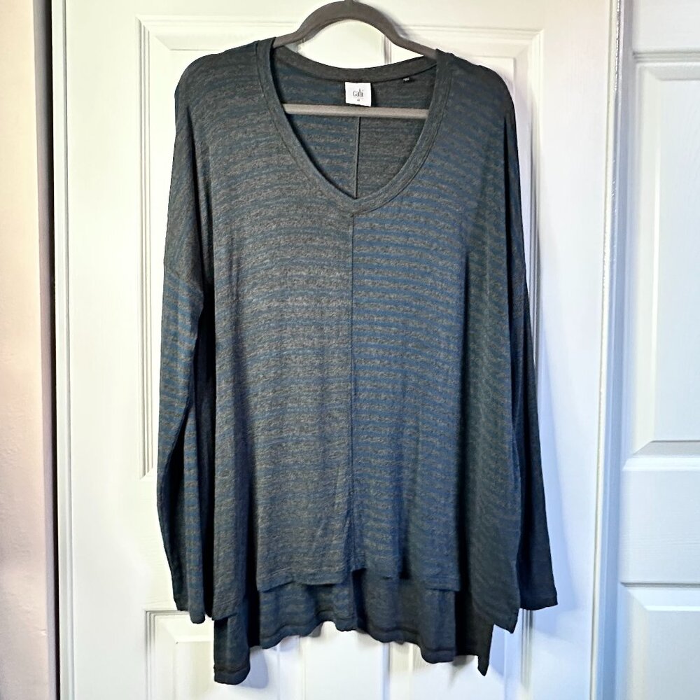 Cabi Women's Medium Dark Gray and Teal Hybrid Stripe Oversized Jersey Knit Tunic